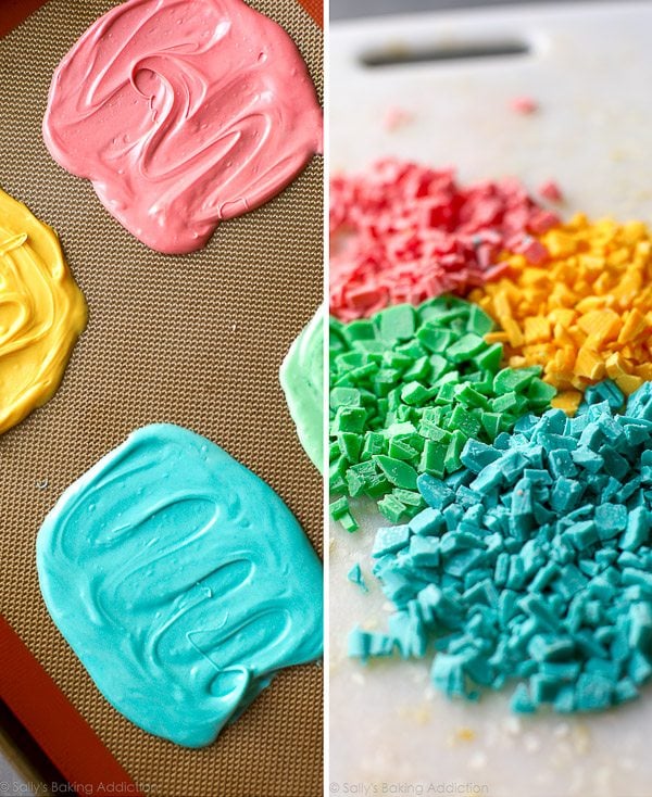 2 images of colored white chocolate on a silpat baking mat and colored chocolate chopped into chunks
