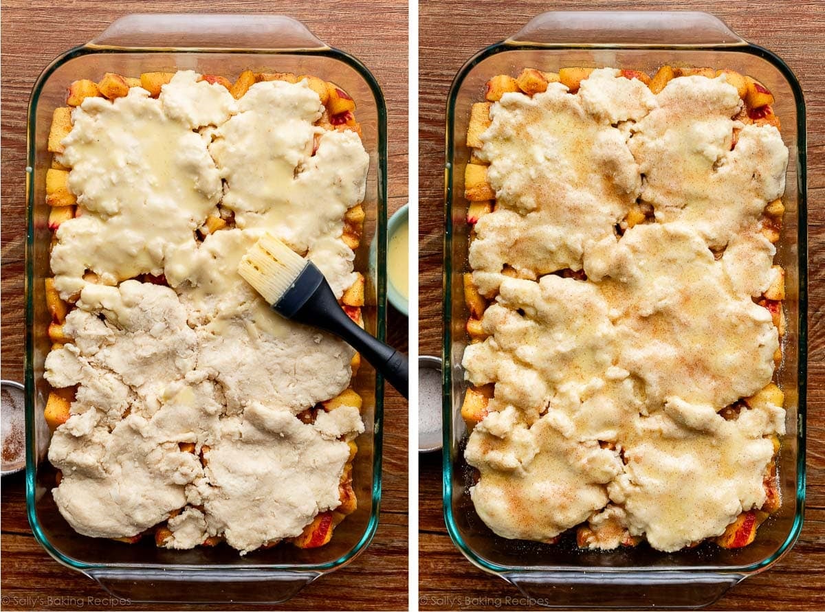 biscuit topping with egg wash and shown again with sprinkle of cinnamon sugar on top.