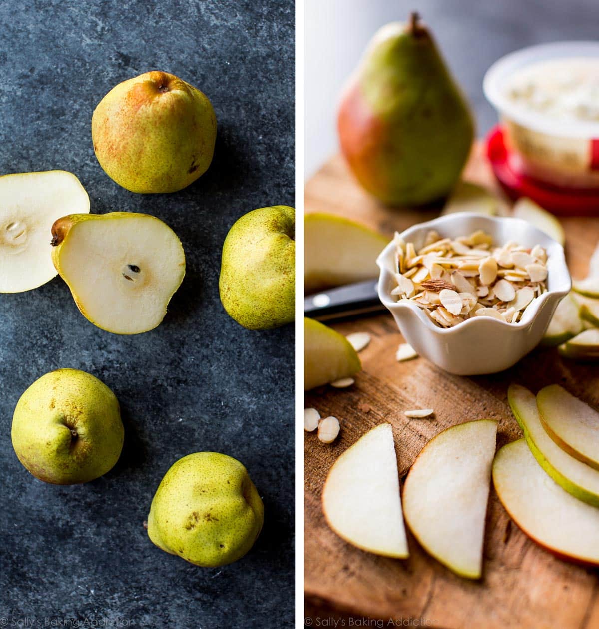 2 images of pears and toasted almonds in a white dish on a cutting board with sliced pears