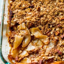 apple pear crisp in a glass baking dish