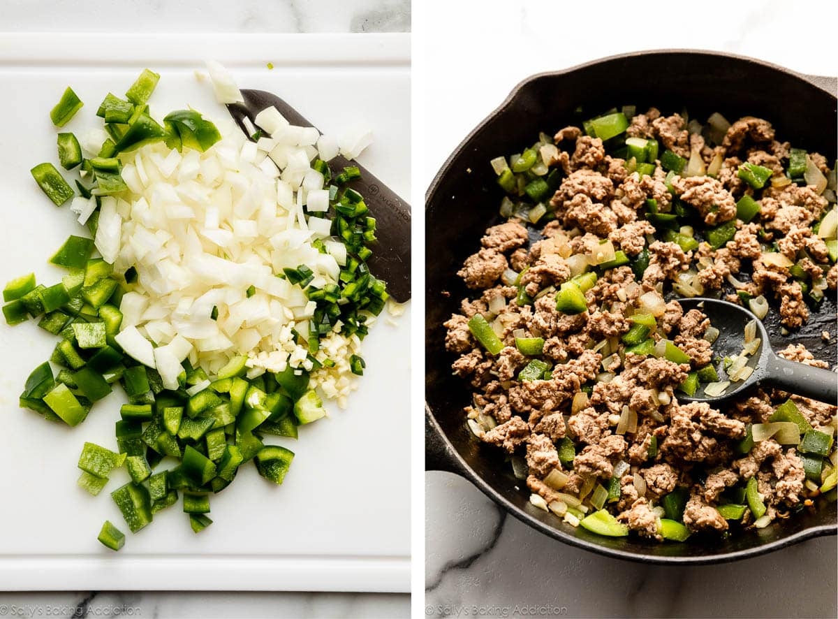 onions and peppers chopped on white cutting board and shown again cooked with turkey in skillet.
