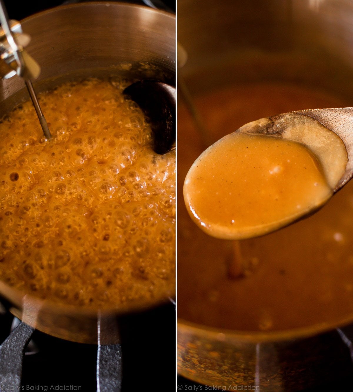 2 images of boiling caramel mixture in a saucepan on the stove and smooth caramel liquid in a saucepan on the stove with some on a wood spoon
