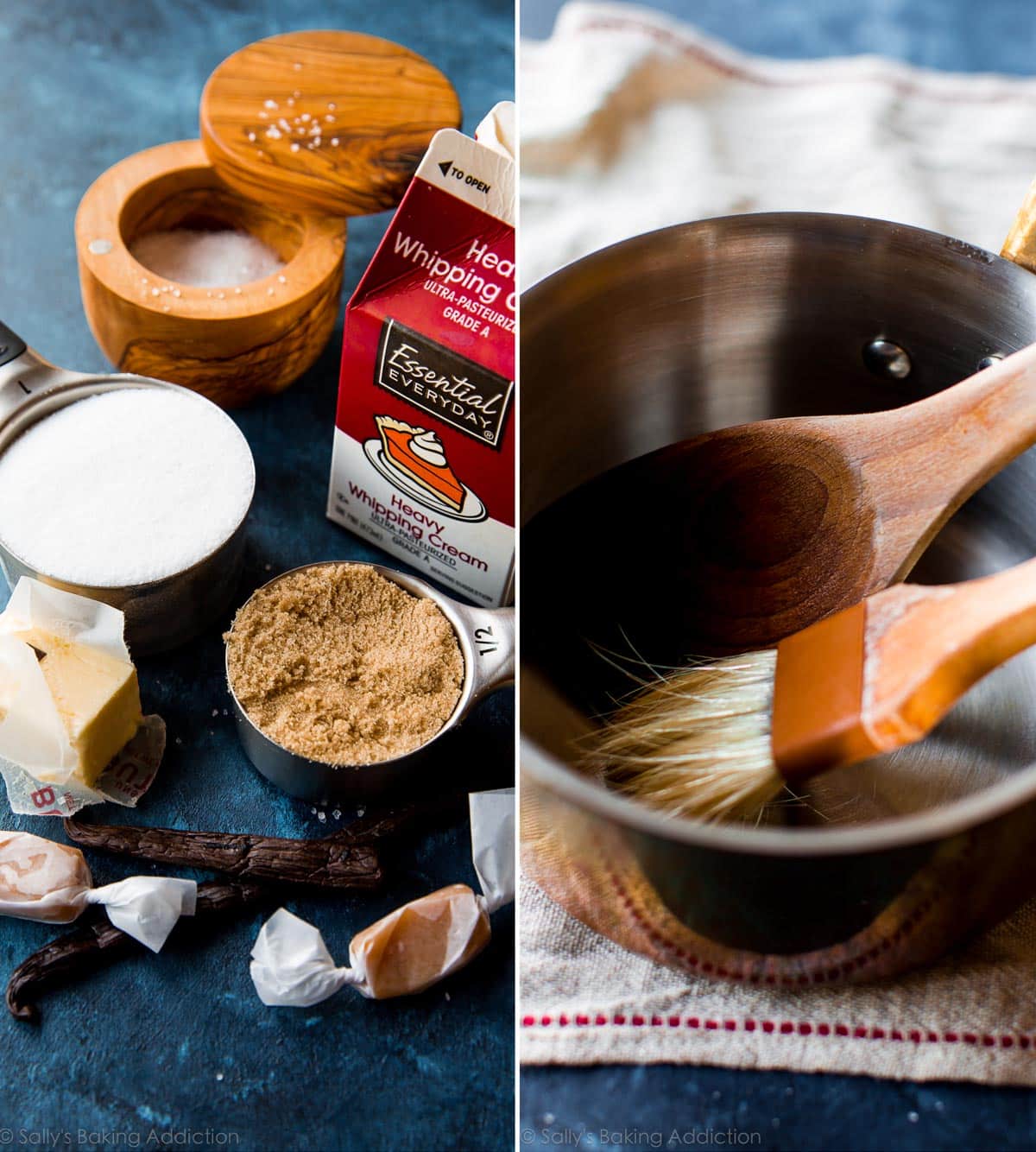 2 images of ingredients for sea salt vanilla caramels and tools for caramels including a saucepan, wood spoon, and pastry brush