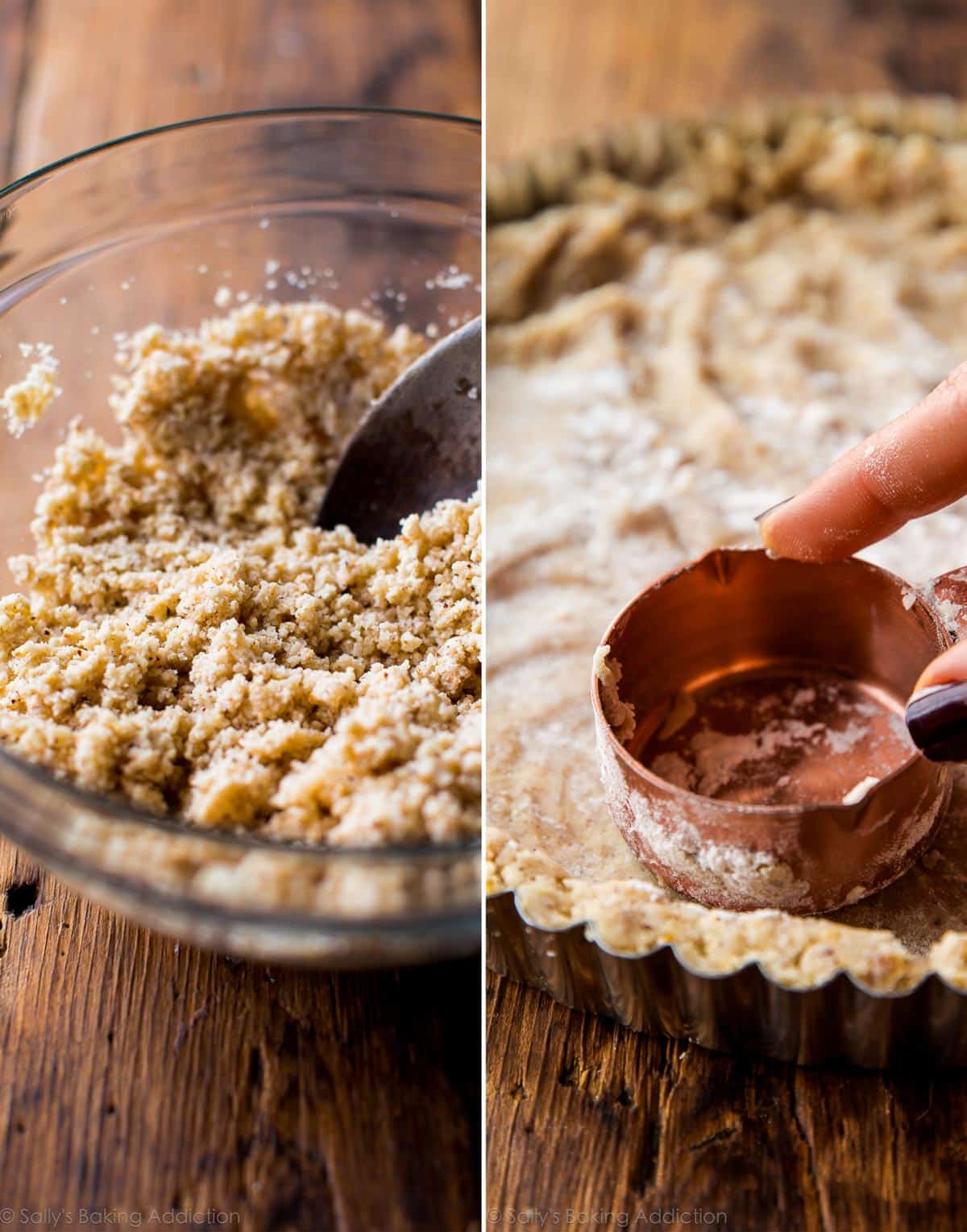 2 images of hazelnut crust in a bowl and pressing into a tart pan