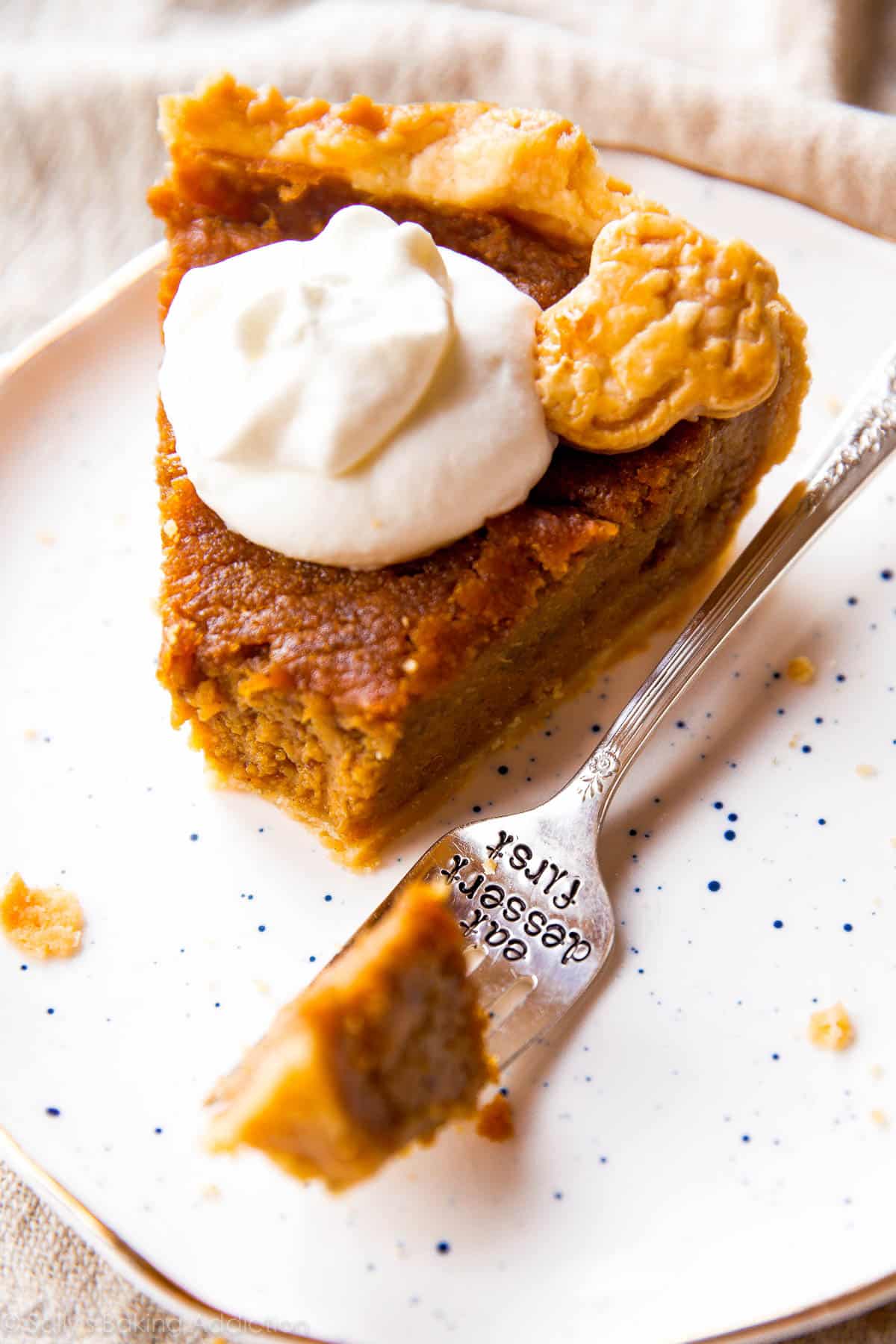 sweet potato pie slice on a white plate