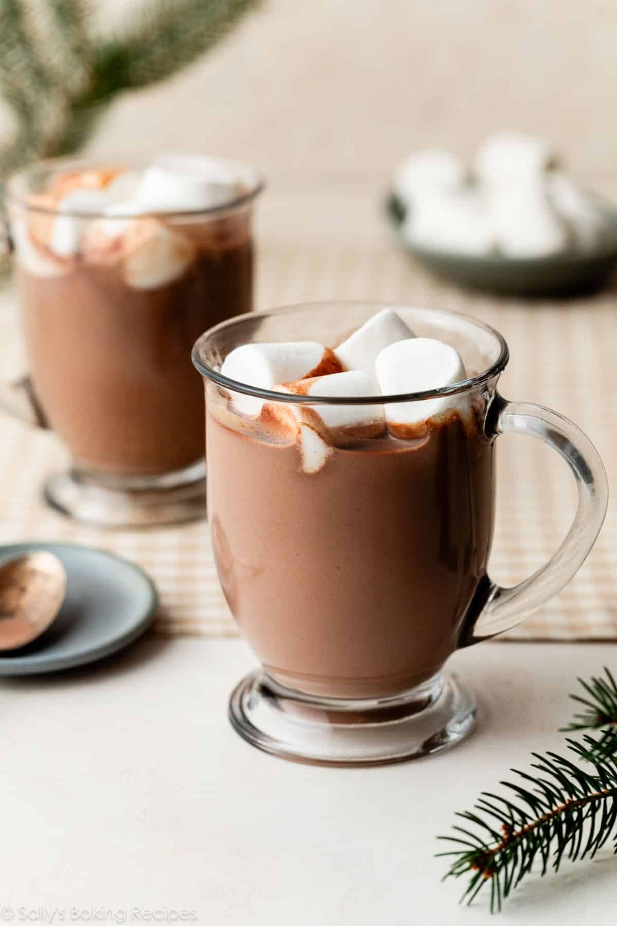 glass mugs of chocolate drink with marshmallows on top.
