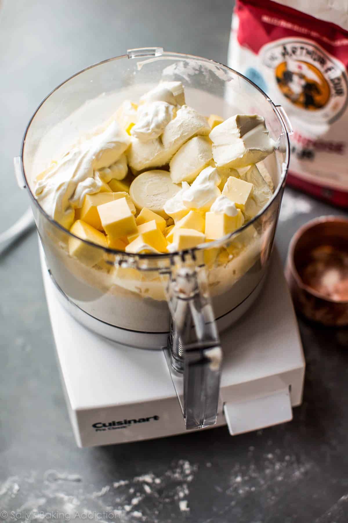 rugelach cookie dough ingredients in a food processor