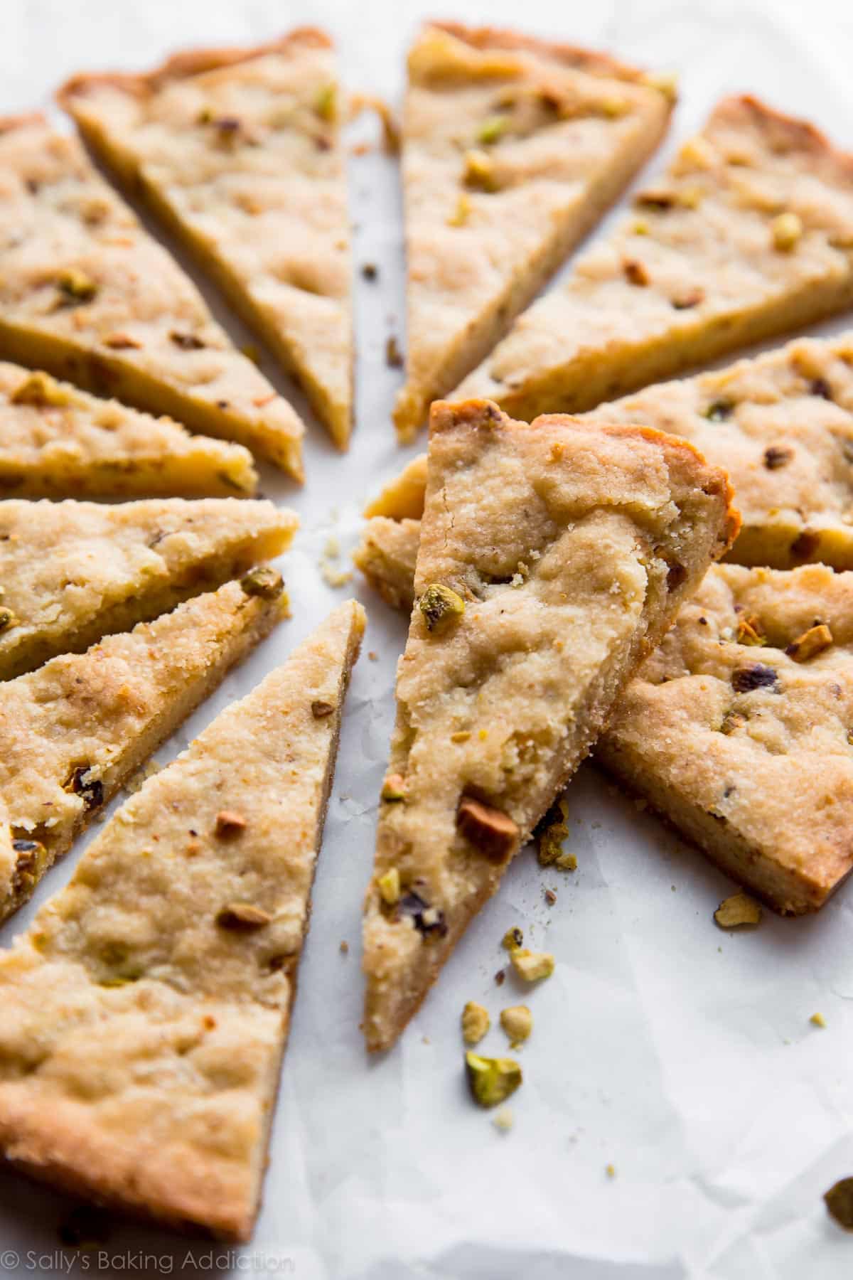 pistachio shortbread cut into triangles