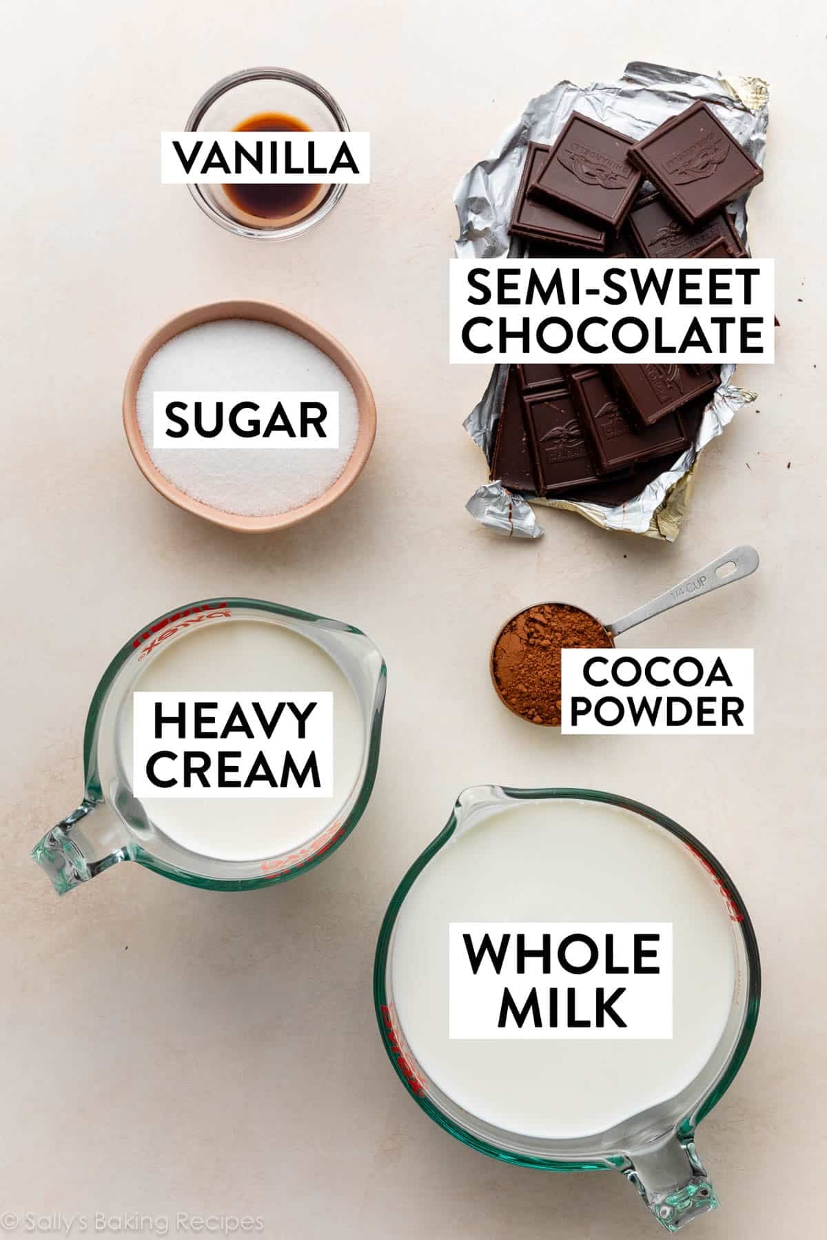 ingredients on surface including whole milk, cocoa powder, sugar, vanilla, and heavy cream.