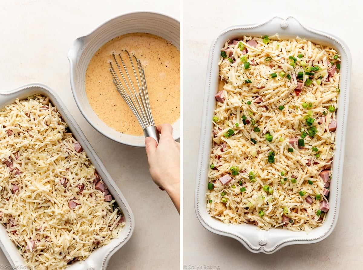 whisking eggs and assembling dish with cheese on top.