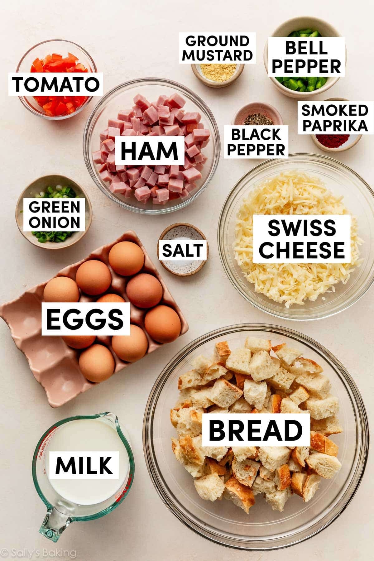 ingredients measured on beige surface including eggs, cubed bread, tomato, bell pepper, and seasonings.