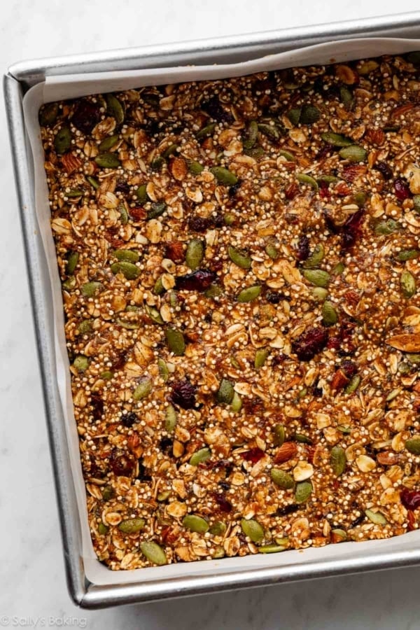 pepita, quinoa, oat mixture pressed into pan.