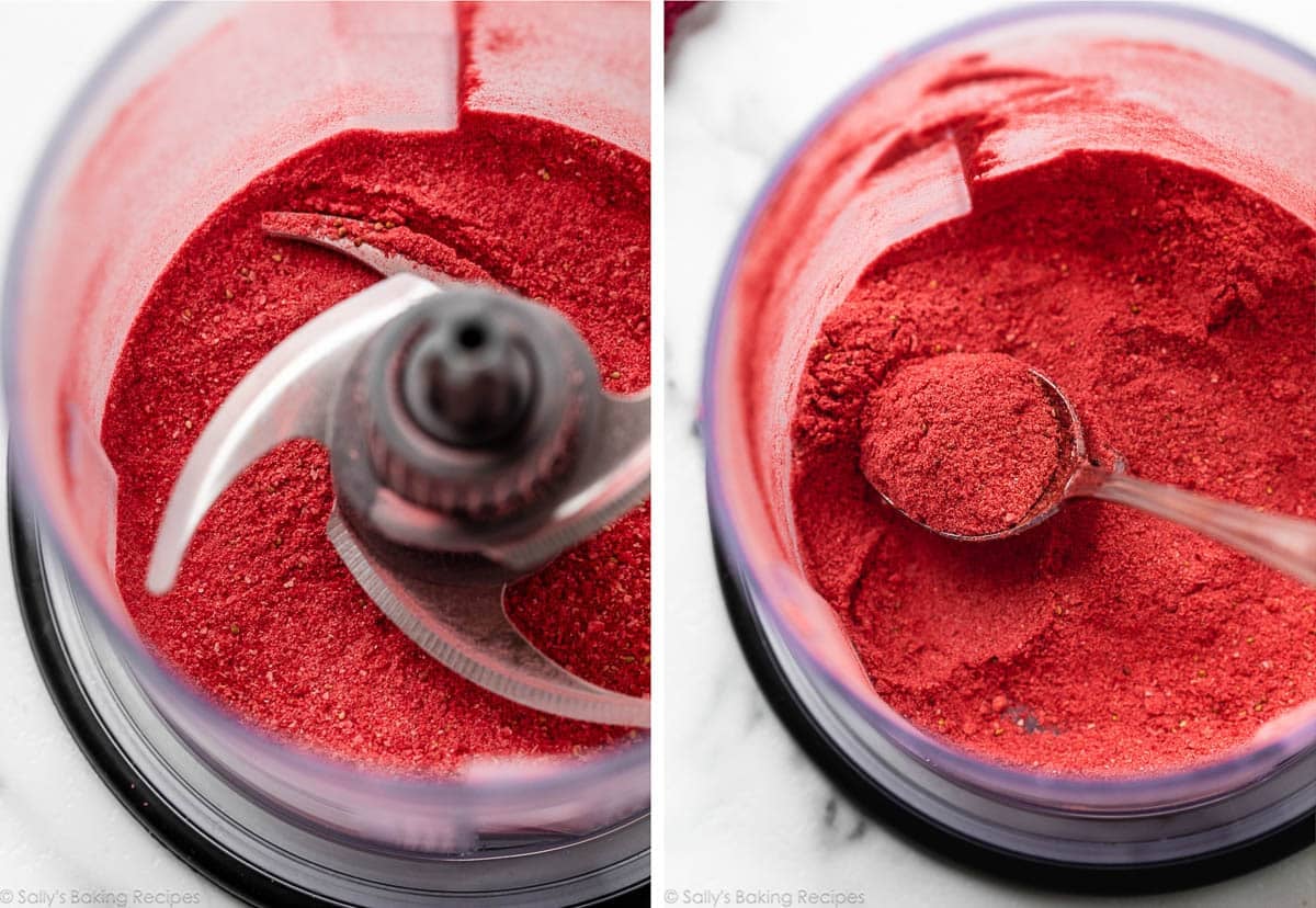 strawberry powder in food processor and shown again being spooned out.