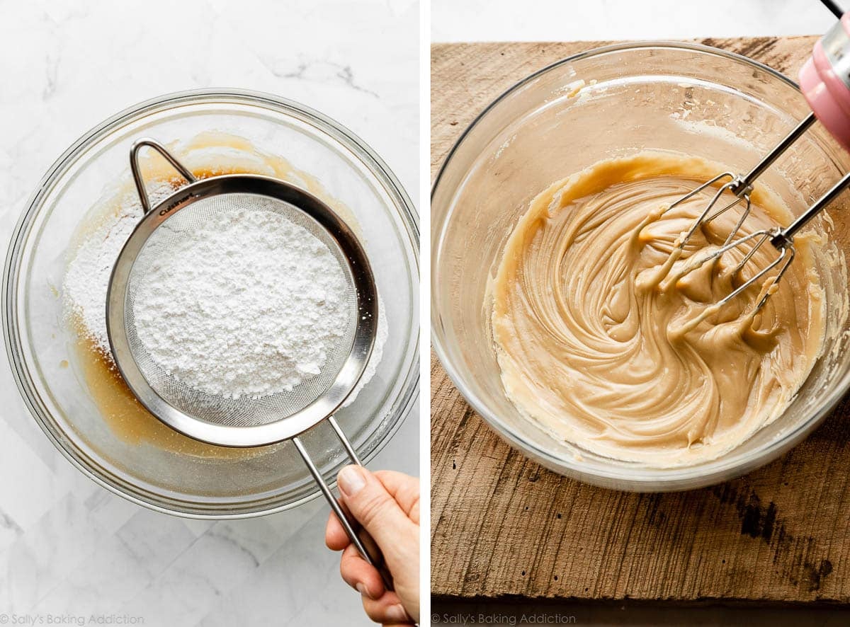 2 step photos showing sifting confectioners' sugar into bowl and finished frosting.