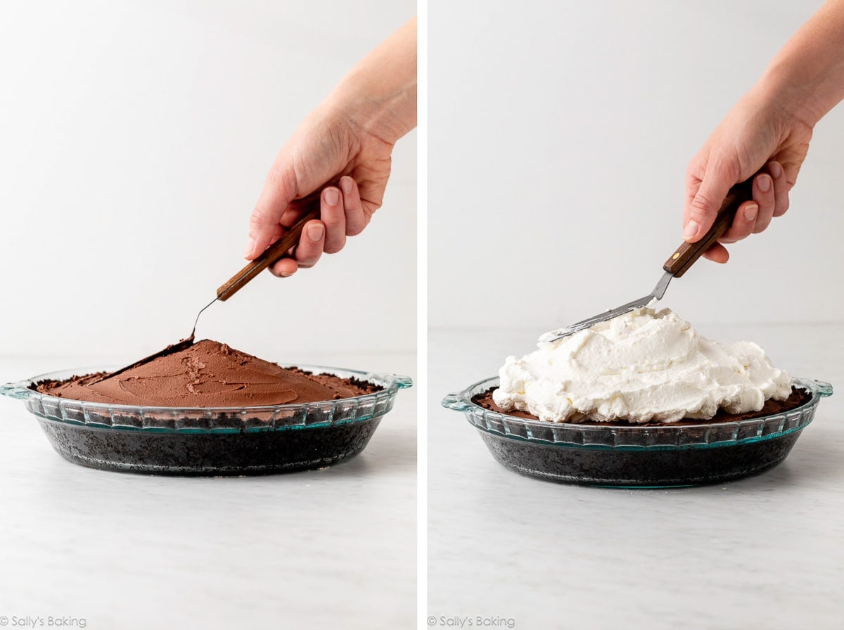 assembling chocolate and whipped cream layers in pie crust.