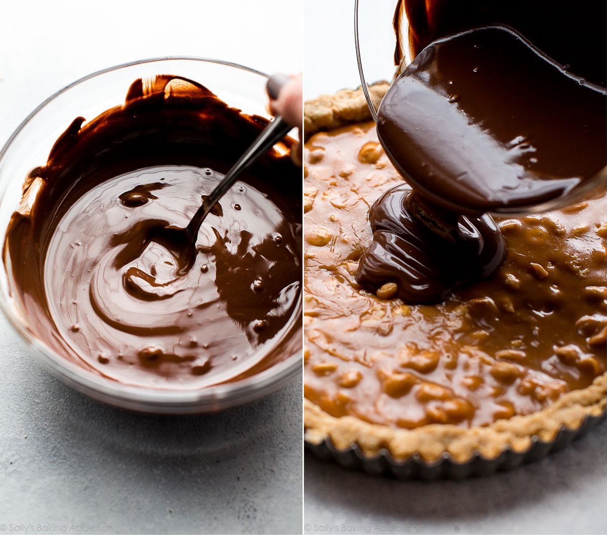2 images of melted chocolate and peanut butter mixture in a glass bowl and pouring chocolate and peanut butter mixture onto caramel nut filling in tart pan