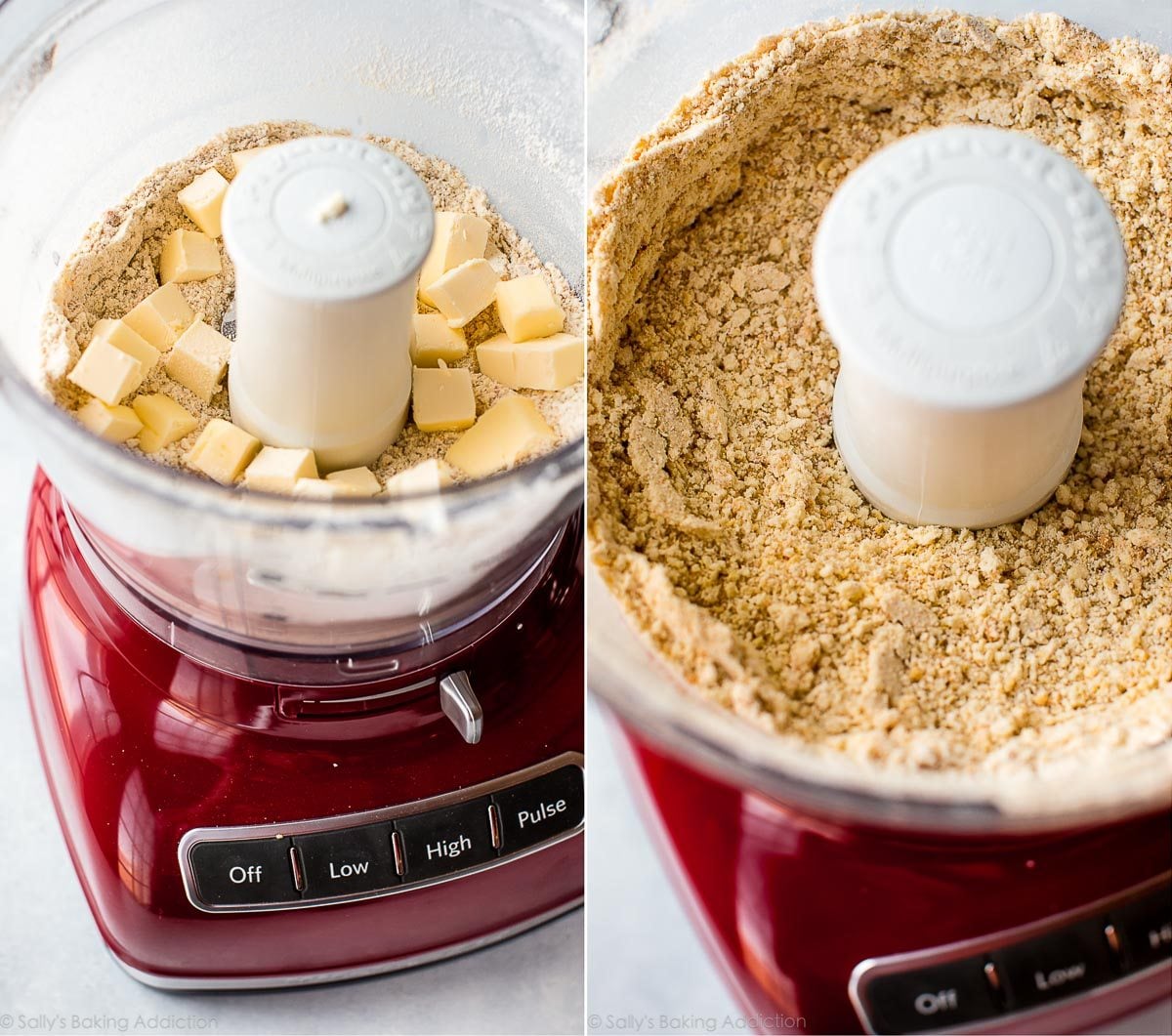 2 images of tart crust mixture in a food processor with butter chunks and with butter incorporated