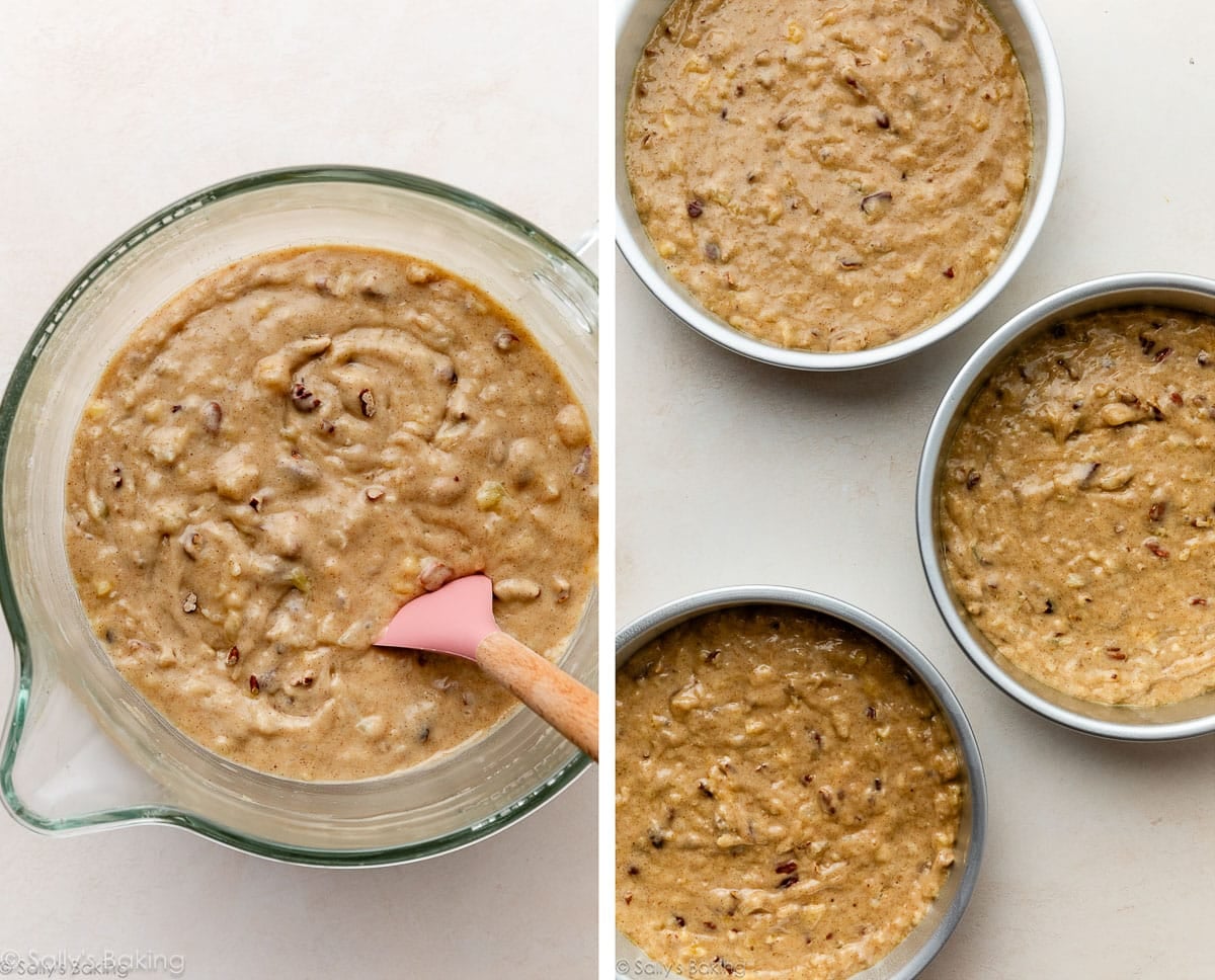 batter in bowl and in round pans.