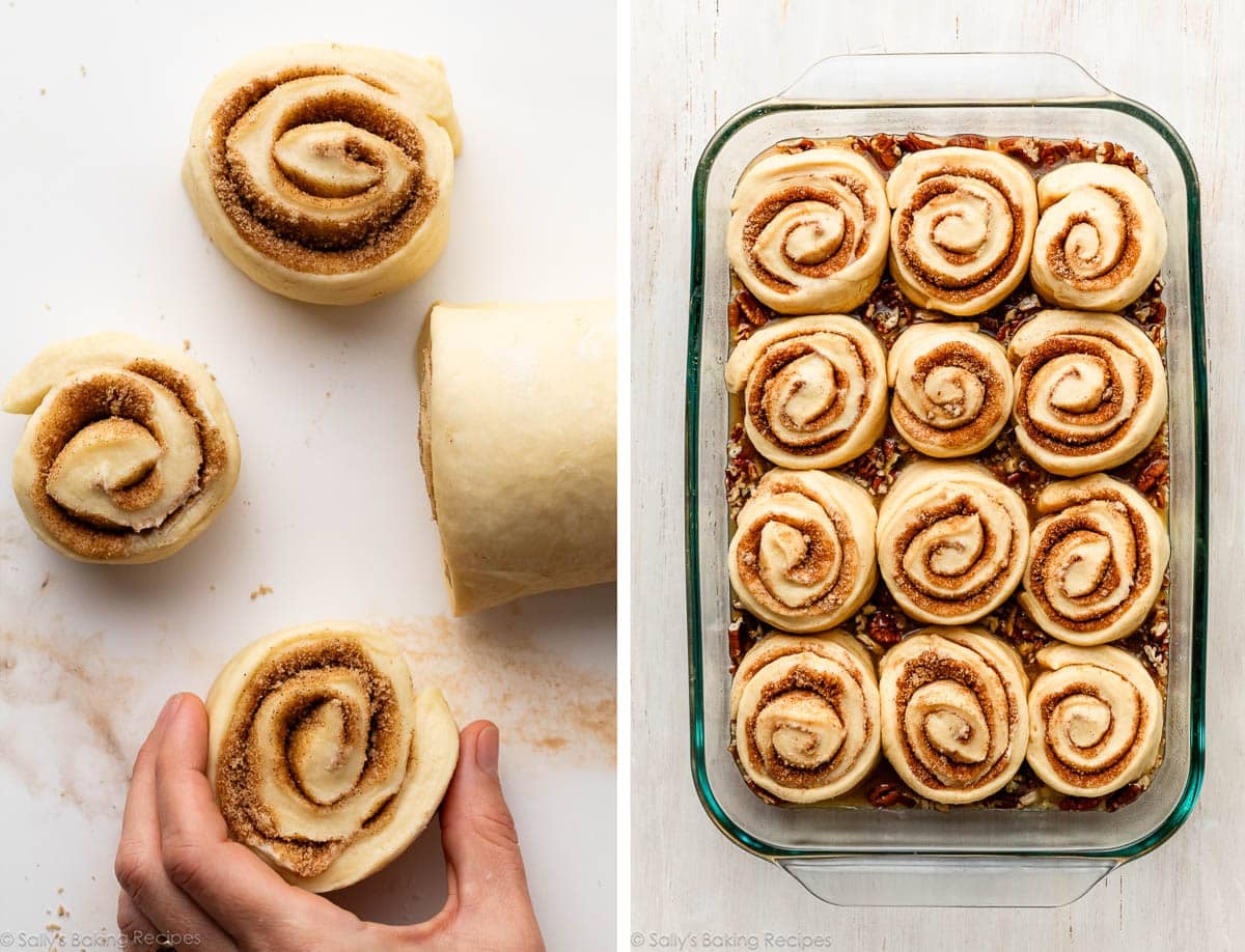 shaped cinnamon rolls on top of a pecan caramel sauce in a glass pan.