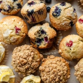 overhead photo of a variety of muffins.