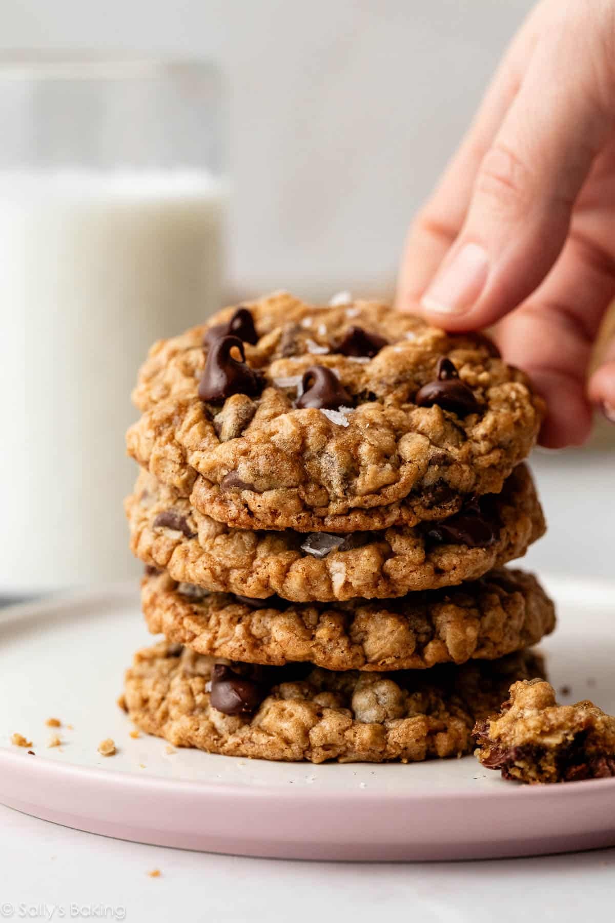 stack of chocolate chip oatmeal cookies.