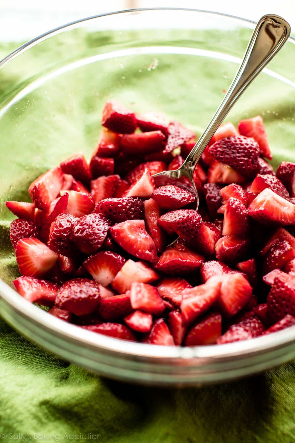 strawberries in a glass bowl for strawberry shortcake