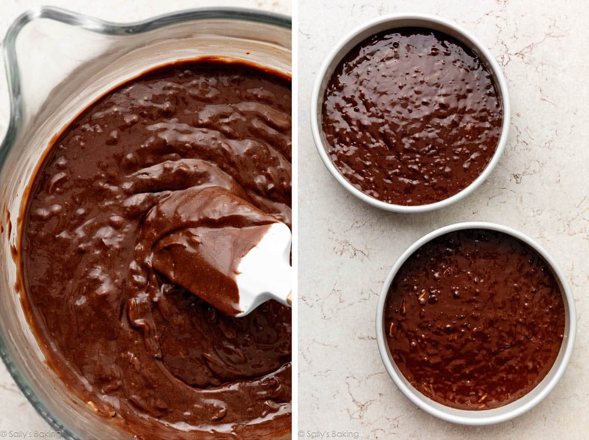 chocolate batter in glass bowl and shown again in 2 round cake pans.