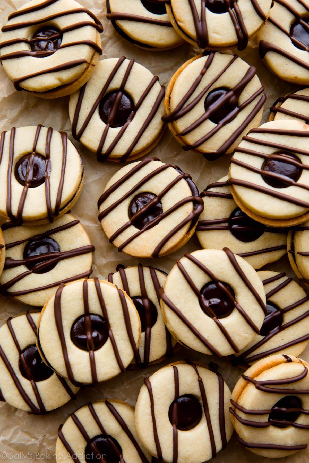 overhead image of striped fudge cookie sandwiches