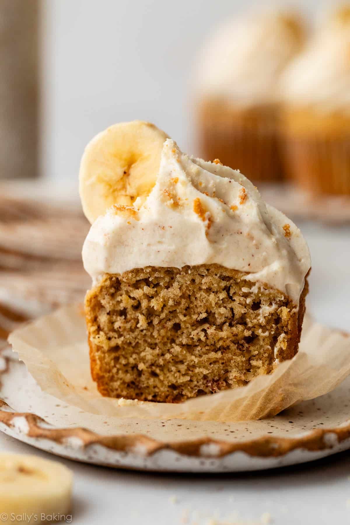 banana cupcake cut in half.