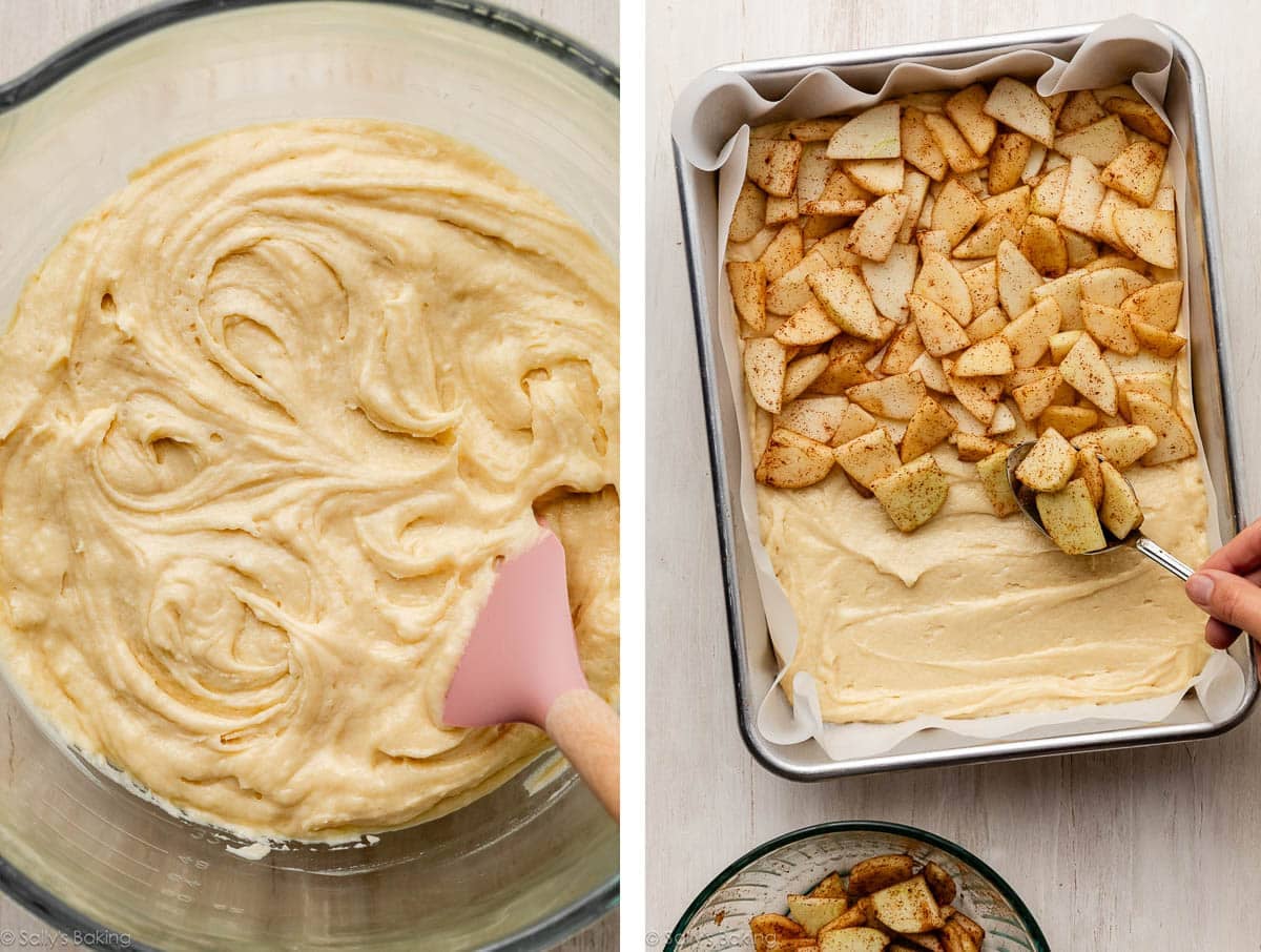 batter in glass bowl and shown again in baking pan.