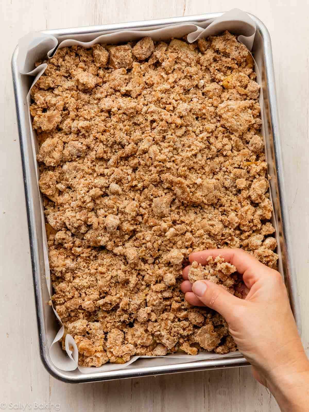 hand sprinkling crumb topping over surface of cake.