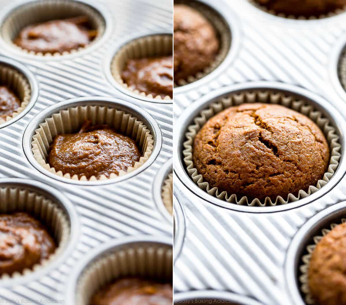 2 images of pumpkin cupcake batter in a cupcake pan before baking and pumpkin cupcakes in a cupcake pan after baking