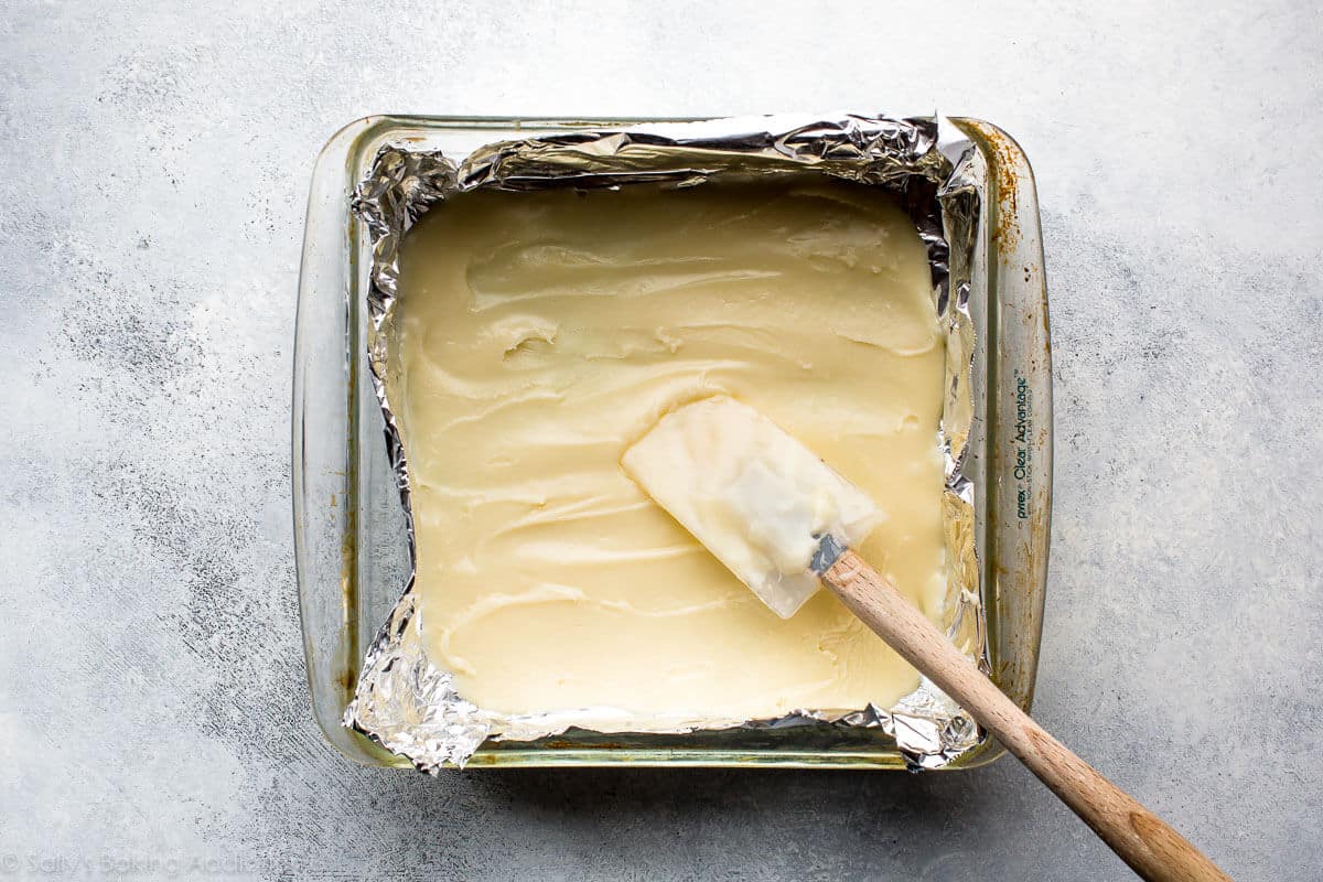 layer of white fudge mixture spread into bottom of a baking pan lined with foil