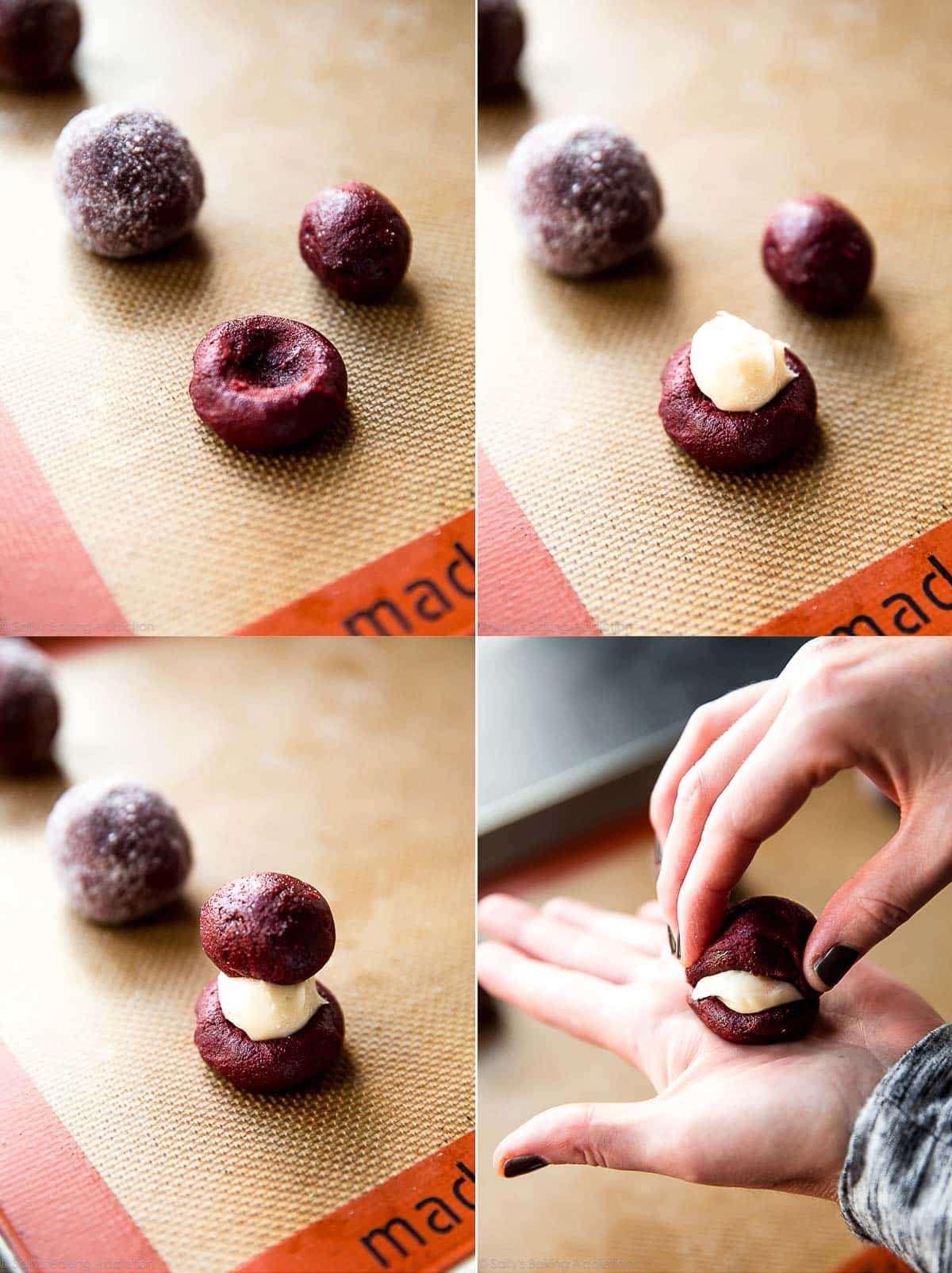 collage of 4 images showing steps to making cream cheese stuffed red velvet cookies including cookie dough, cream cheese ball on top of cookie dough, cookie dough on top of cream cheese ball, and hands enclosing the cream cheese stuffing with cookie dough
