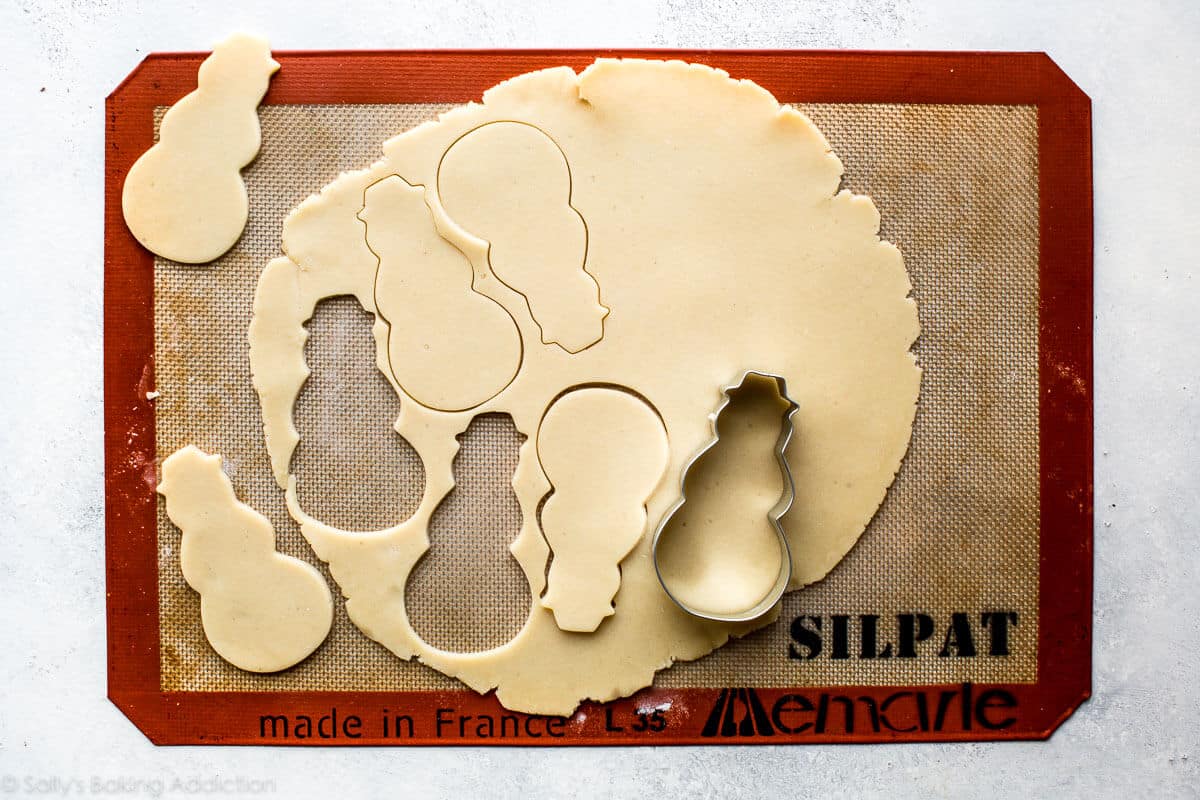rolled out sugar cookie dough with snowman cookie cutter