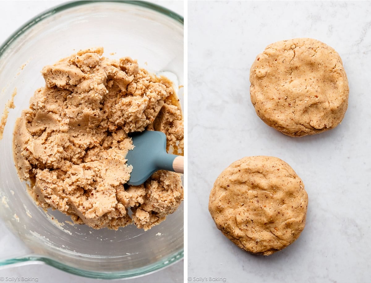 dough in bowl and shown again divided in half.