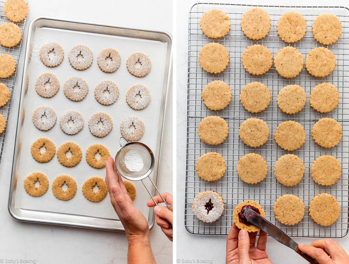 hands sifting powdered sugar on top and spreading jam on the cookies.