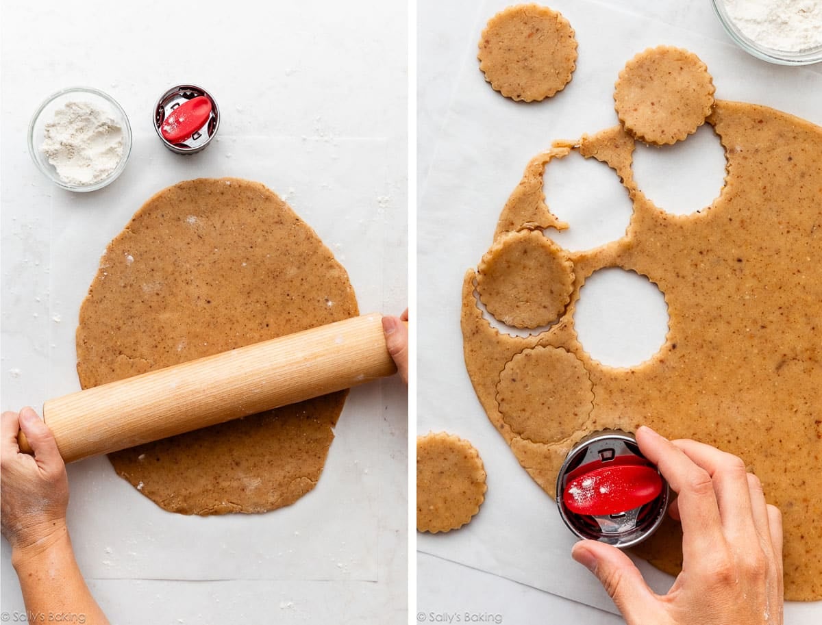 hands rolling and cutting out dough.