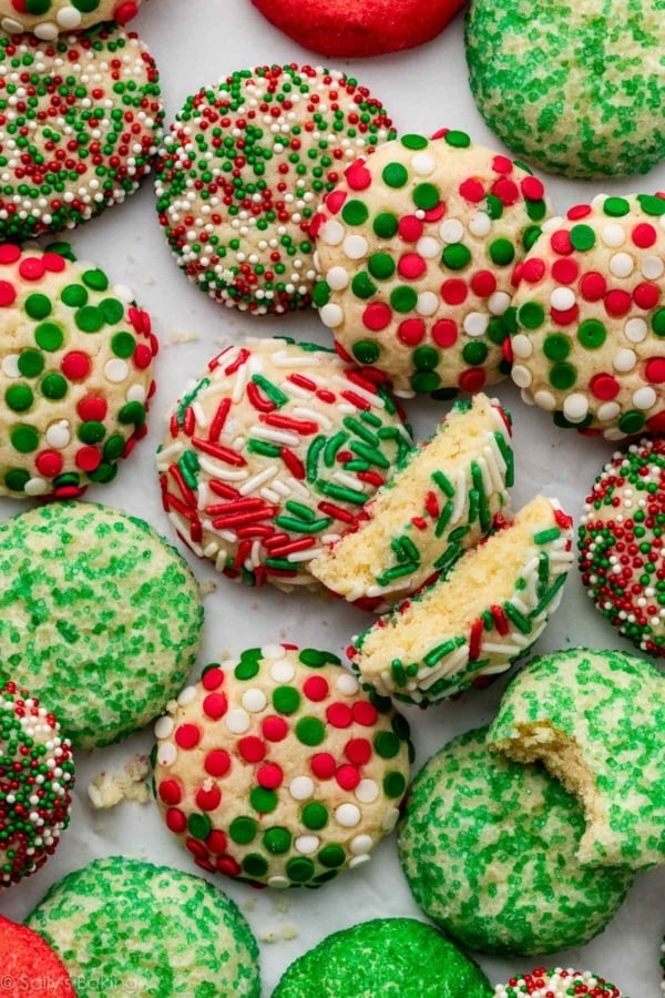 soft Christmas sparkle cookies with various sprinkles.