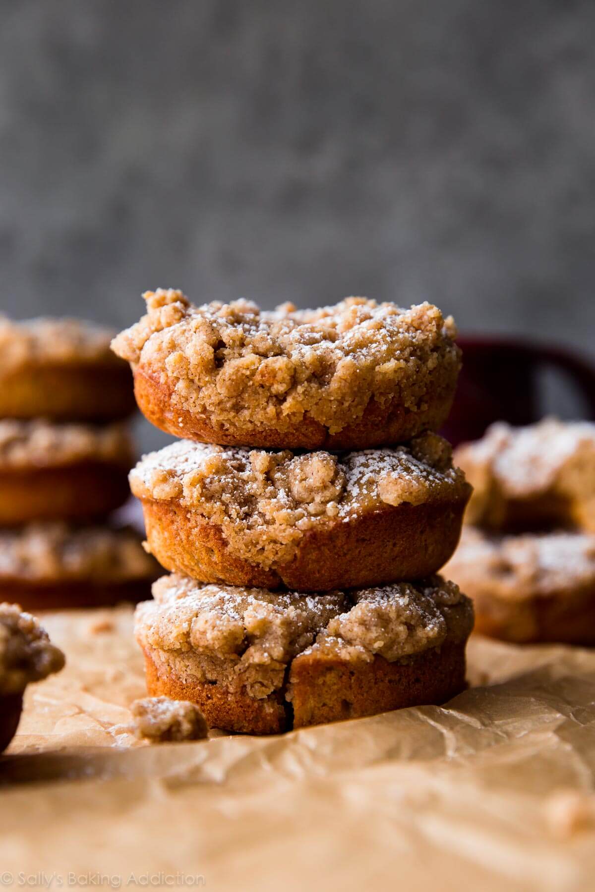 stack of 3 crumb cake donuts