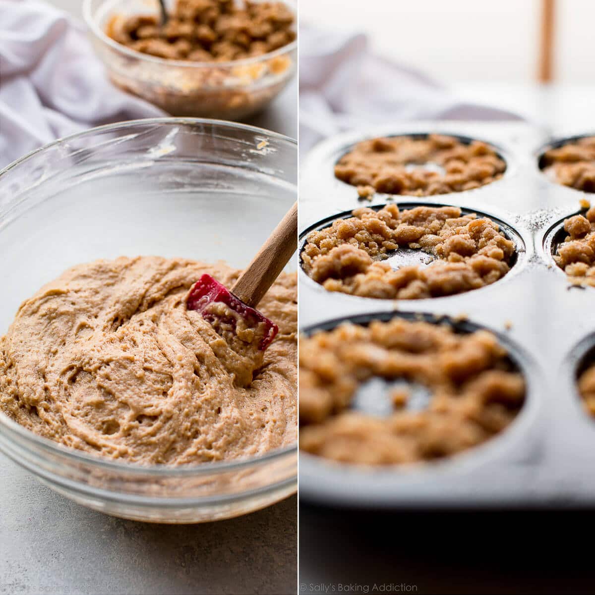 2 images of donut batter in a glass bowl and batter in a donut pan with crumb topping