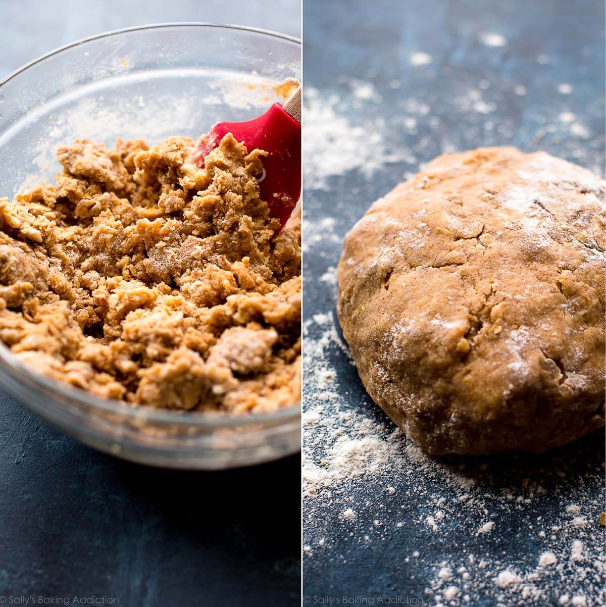 2 images of biscotti dough in a glass bowl and formed into a ball