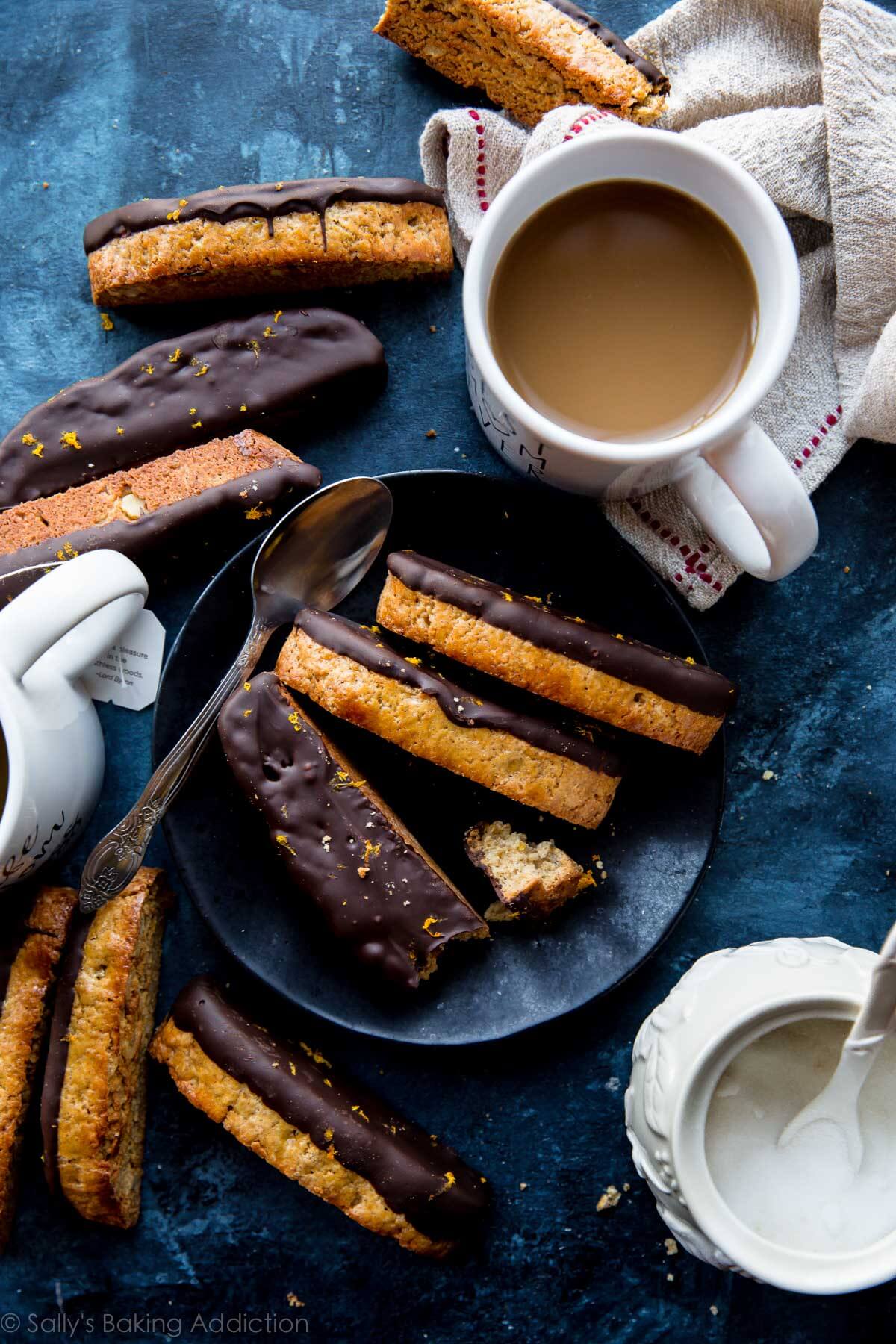dark chocolate orange biscotti on a black plate