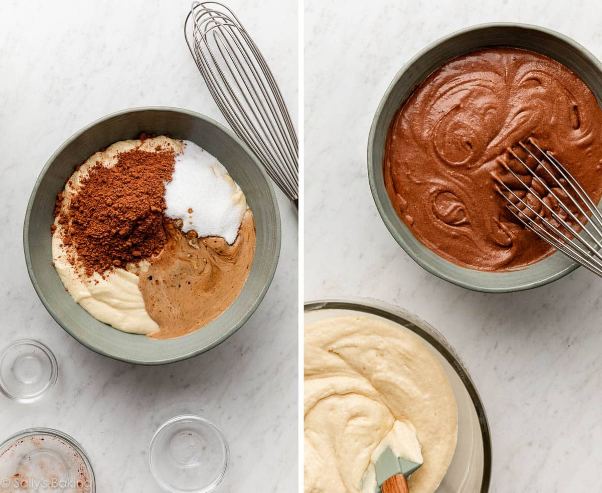 bowl of batter with dry ingredients on top and shown again as a bowl of chocolate cake batter.