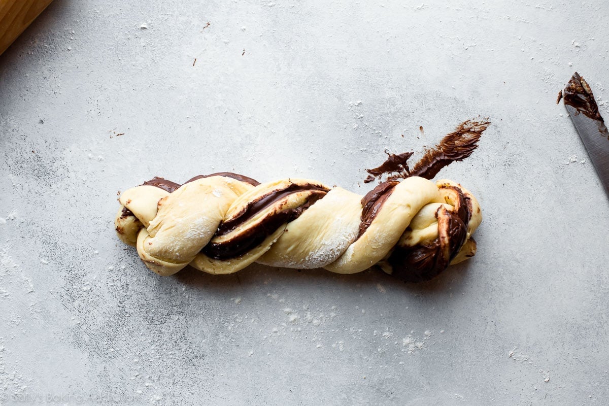 twisting Nutella babka dough