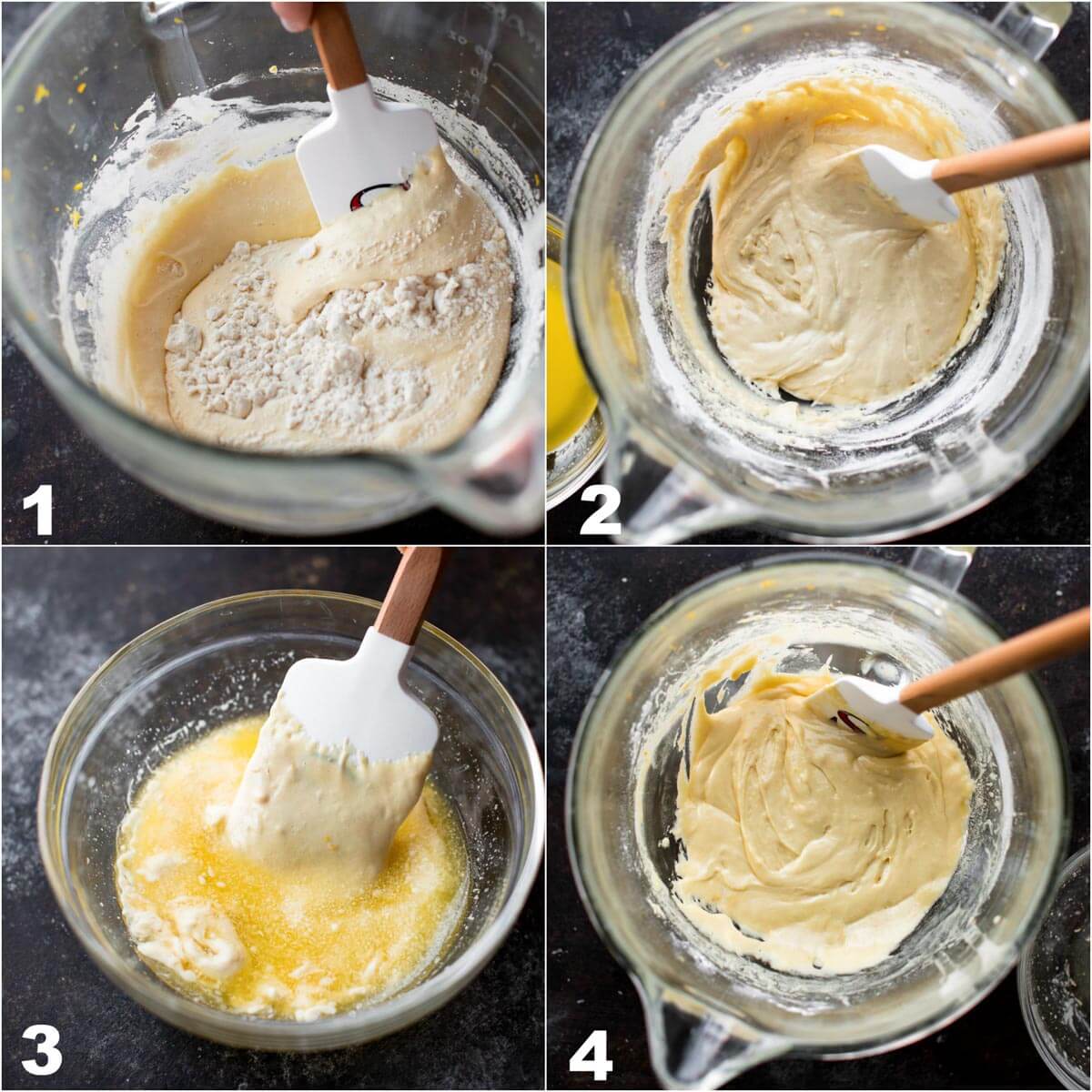 collage of 4 images showing various stages of madeleine batter in glass bowls