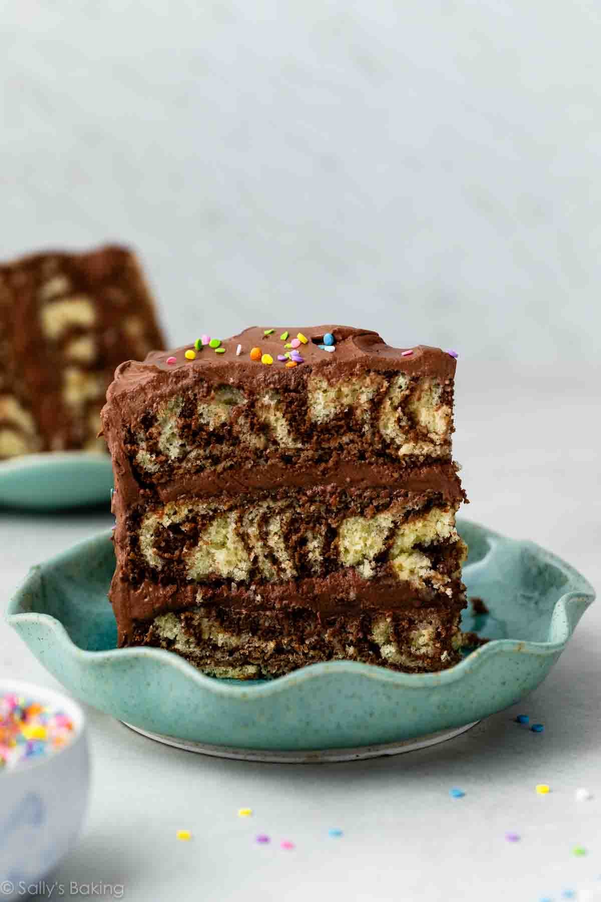 zebra marble cake on blue plate.