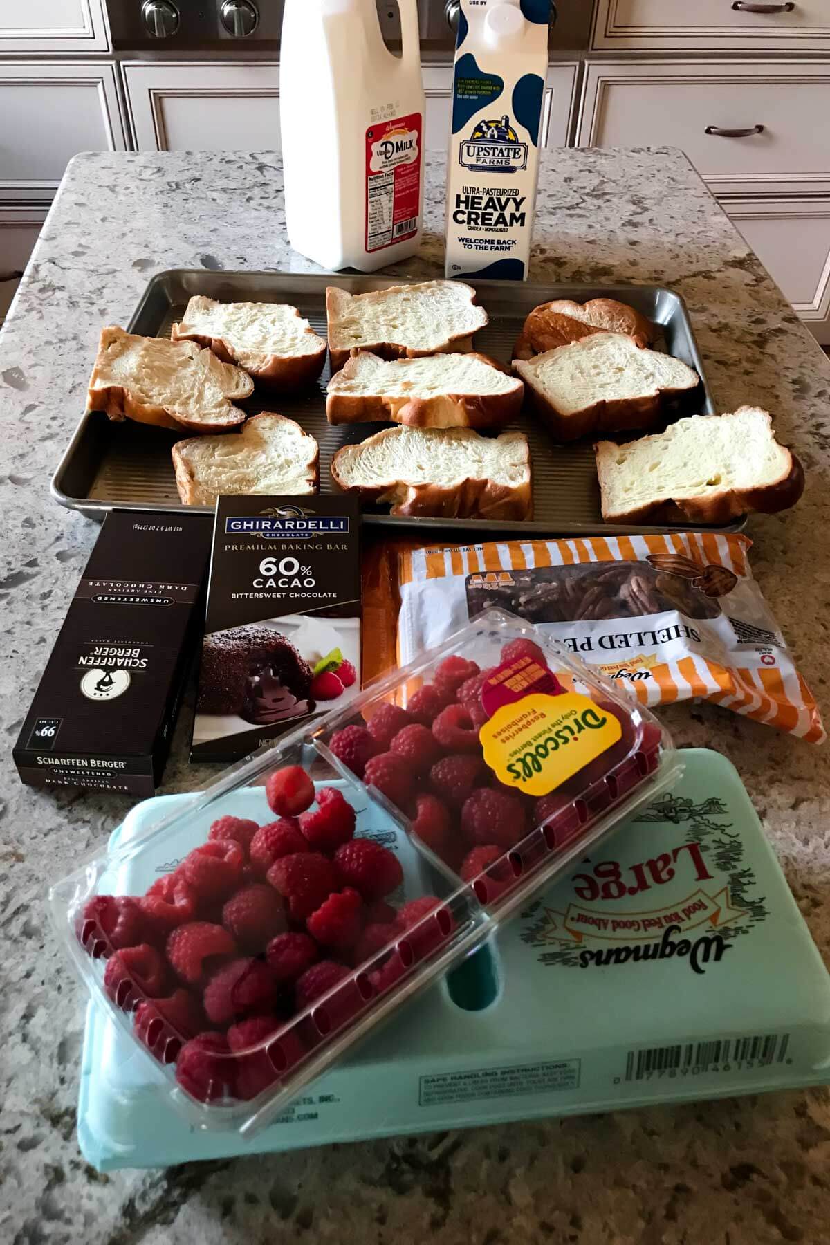 ingredients for chocolate bread pudding in the kitchen