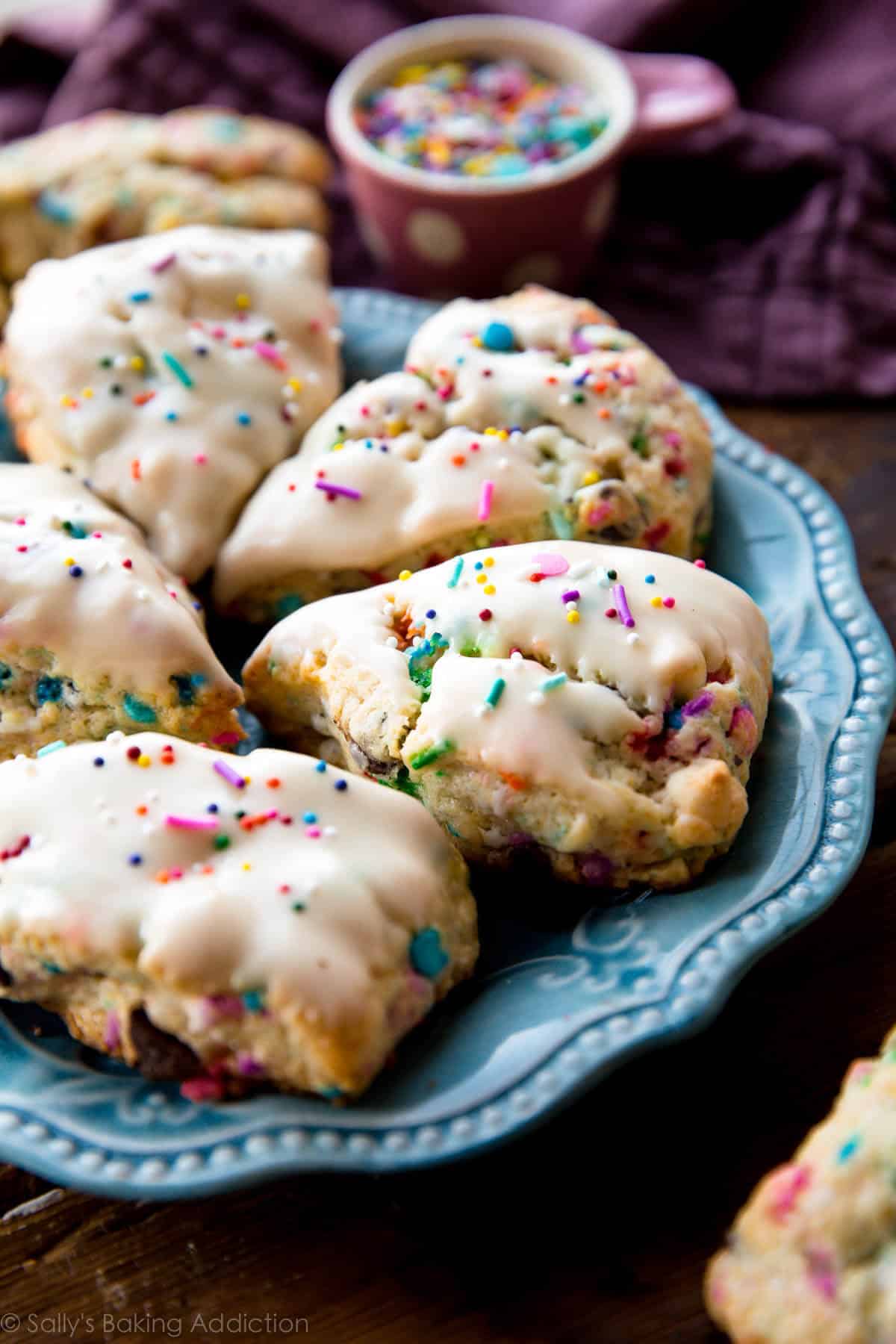 sprinkle scones on a blue plate