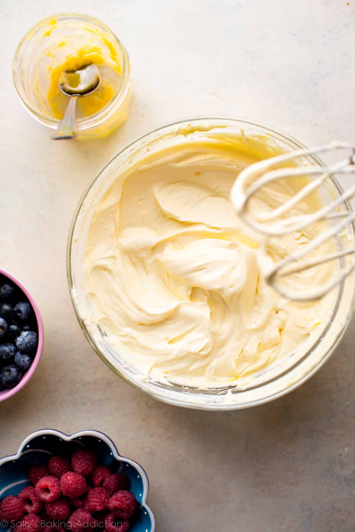 Lemon cheesecake filling in a glass bowl